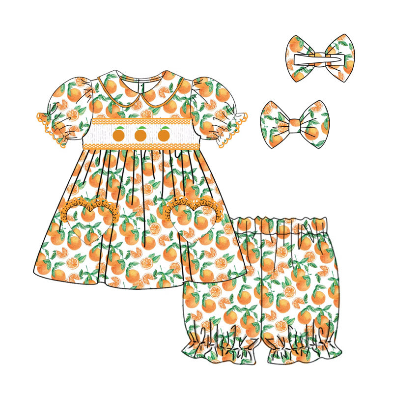Summer oranges smocked shorts pj set with matching bow