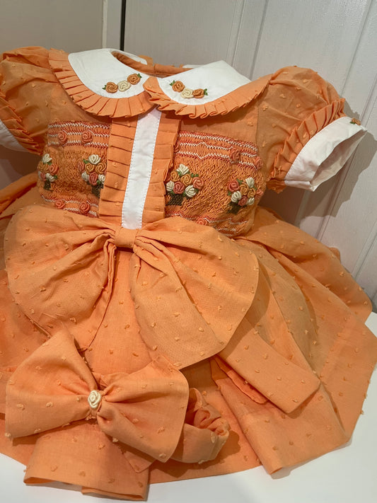 Peach plumetti flower basket dress