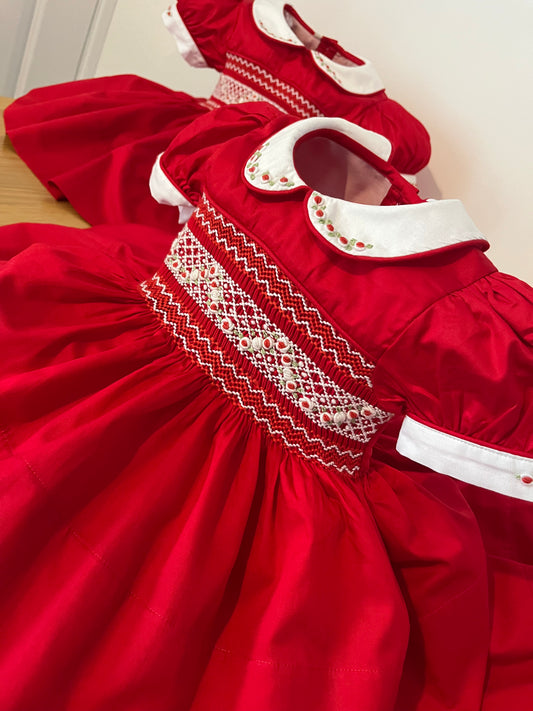 red Christmas garland dress smocked back and front